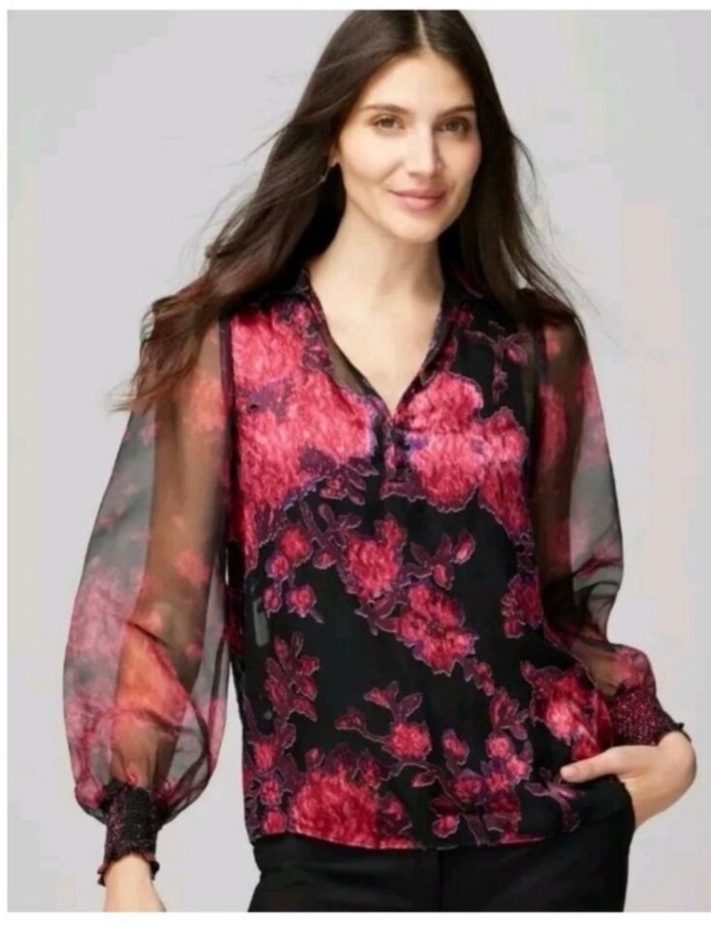 WHBM Dark Romantic Sheer Silk Burnout Floral Blouse Organza Statement Sleeves s